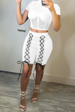 Blue Sexy Solid Mesh Half A Turtleneck Short Sleeve Two Pieces