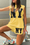 White Casual Letter Print Basic O Neck Sleeveless Two Pieces