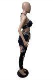 Black Fashion Sexy Print Backless Strap Design Halter Sleeveless Two Pieces