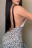 White Sexy Print Patchwork O Neck Skinny Jumpsuits