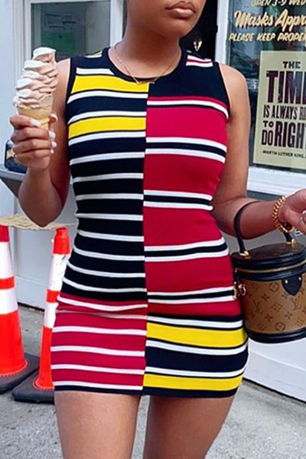 Red Sexy Striped Patchwork O Neck Pencil Skirt Dresses