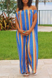 Sky Blue Fashion Casual Striped Print Backless Off the Shoulder Regular Jumpsuits