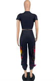Black Fashion Casual Print Basic O Neck Short Sleeve Two Pieces
