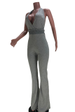 Grey Casual Solid Patchwork Halter Regular Jumpsuits