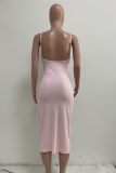 Pink Sexy Solid High Opening Spaghetti Strap Pencil Skirt Dresses