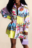 Colour Casual Print Patchwork Turndown Collar Shirt Dress Dresses