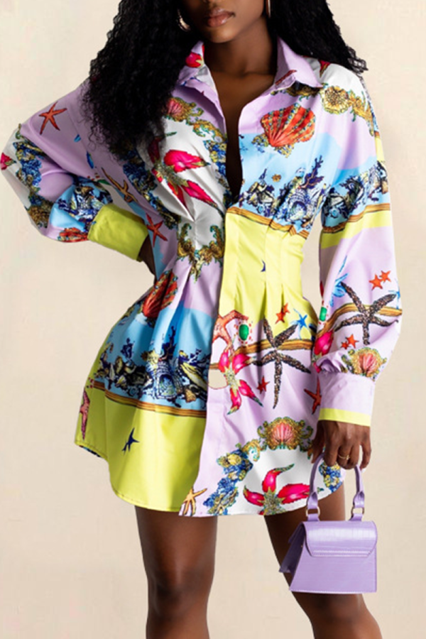 Colour Casual Print Patchwork Turndown Collar Shirt Dress Dresses