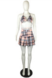 Multicolor Fashion Sexy Plaid Print Backless Strap Design Halter Sleeveless Two Pieces