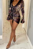 Purple Sexy Print Patchwork V Neck Pencil Skirt Dresses