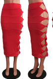 Red Sexy Solid Hollowed Out Skinny Mid Waist Pencil Solid Color Bottoms