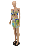 Green Sexy Print Patchwork Spaghetti Strap Sleeveless Two Pieces