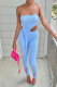 Light Blue Fashion Sexy Solid Backless Asymmetrical Strapless Sleeveless Two Pieces