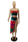 Red Fashion Sexy Print Tie Dye Backless Asymmetrical Strapless Sleeveless Two Pieces