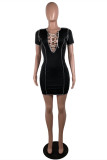 White Fashion Sexy Solid Hollowed Out Patchwork V Neck Short Sleeve Dress