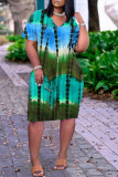 Blue Casual Print Split Joint V Neck A Line Dresses