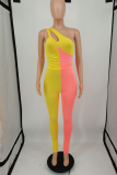 Pink Sexy Solid Split Joint One Shoulder Skinny Jumpsuits