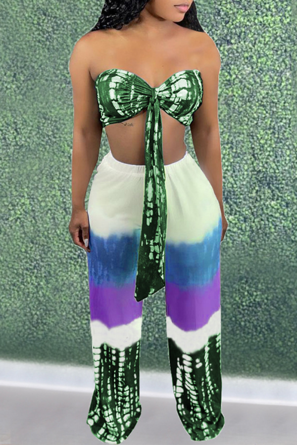 Green Sexy Print Patchwork Strapless Sleeveless Two Pieces
