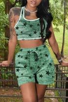Green Casual Print U Neck Sleeveless Two Pieces