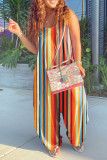 Colour Fashion Casual Striped Print Bandage Spaghetti Strap Loose Jumpsuits