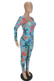 Light Blue Fashion Print Basic O Neck Long Sleeve Two Pieces