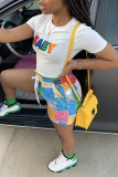 White Casual Print Patchwork O Neck Short Sleeve Two Pieces