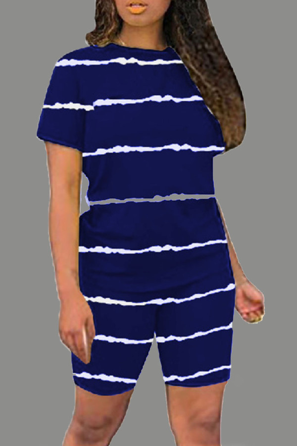 Blue Casual Striped Patchwork O Neck Short Sleeve Two Pieces