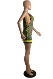 Green Fashion Casual Print Bandage O Neck Sleeveless Dress