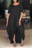 Blue Casual Solid Patchwork O Neck Irregular Dress Dresses