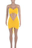 Yellow Sexy Solid Split Joint Draw String Fold Spaghetti Strap Pencil Skirt Dresses