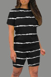 Blue Casual Striped Patchwork O Neck Short Sleeve Two Pieces