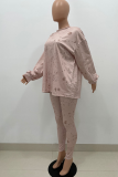 Khaki Casual Patchwork Tie-dye O Neck Long Sleeve Two Pieces