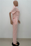 Pink Fashion Casual Solid Basic Turndown Collar Regular Jumpsuits