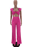 Pink Fashion Casual Solid Vests Pants Square Collar Two Pieces