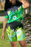 Green Fashion Casual Print Basic O Neck Short Sleeve Two Pieces