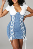 Blue Fashion Patchwork Bandage V Neck Short Sleeve Denim Dress