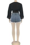 White Casual Solid Bandage Hollowed Out Patchwork V Neck Tops