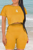 Yellow Casual Solid Patchwork O Neck Short Sleeve Two Pieces