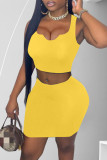 Yellow Fashion Sexy Solid Vests U Neck Sleeveless Two Pieces
