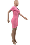 Pink Fashion Casual Solid Basic Zipper Collar Regular Romper
