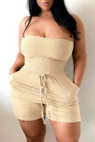Beige Sexy Casual Solid Backless Strapless Regular Romper