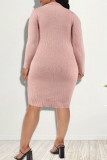 Pink Fashion Casual Solid Slit Turndown Collar Long Sleeve Dresses
