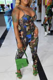 Blue Sexy Print Patchwork Spaghetti Strap Skinny Jumpsuits