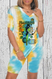 Pink Casual Patchwork Tie-dye V Neck Short Sleeve Two Pieces