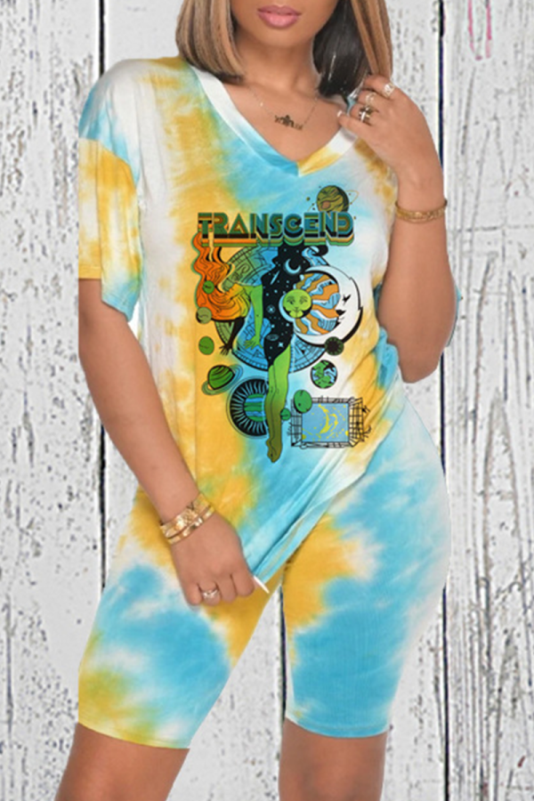 Blue Casual Patchwork Tie-dye V Neck Short Sleeve Two Pieces
