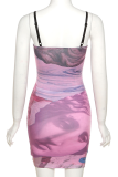 Pink Sexy Print Patchwork Spaghetti Strap Pencil Skirt Dresses