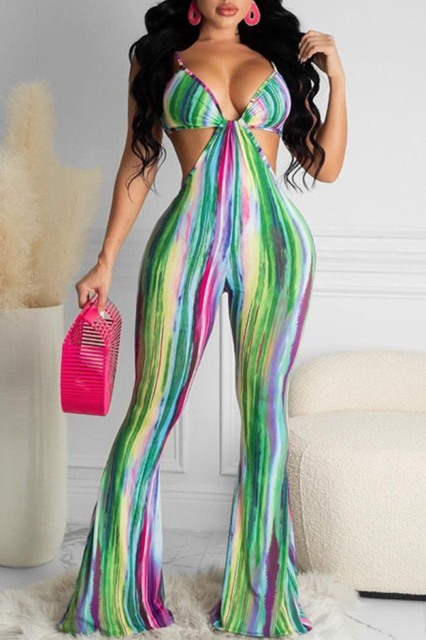 Colour Sexy Print Split Joint Halter Boot Cut Jumpsuits