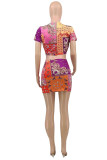 Multicolor Fashion Sexy Print Basic V Neck Short Sleeve Two Pieces