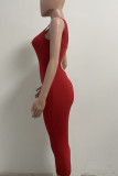 Red Sexy Solid Hollowed Out Patchwork Oblique Collar Pencil Skirt Dresses