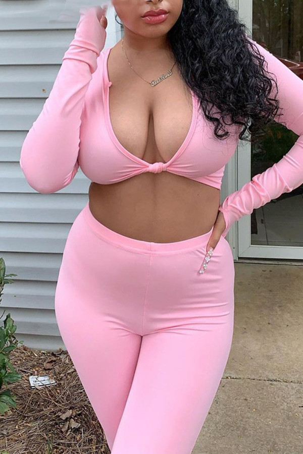Pink Casual Solid Patchwork Knotted V Neck Long Sleeve Two Pieces