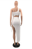 White Fashion Sexy Solid Hollowed Out Backless One Shoulder Sleeveless Dress